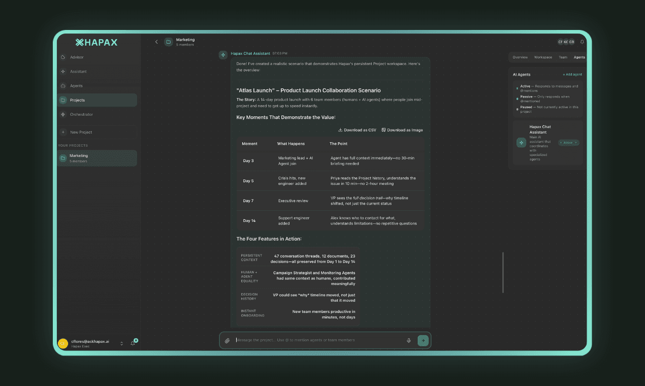 Project workspace with accumulated context and agent contributions