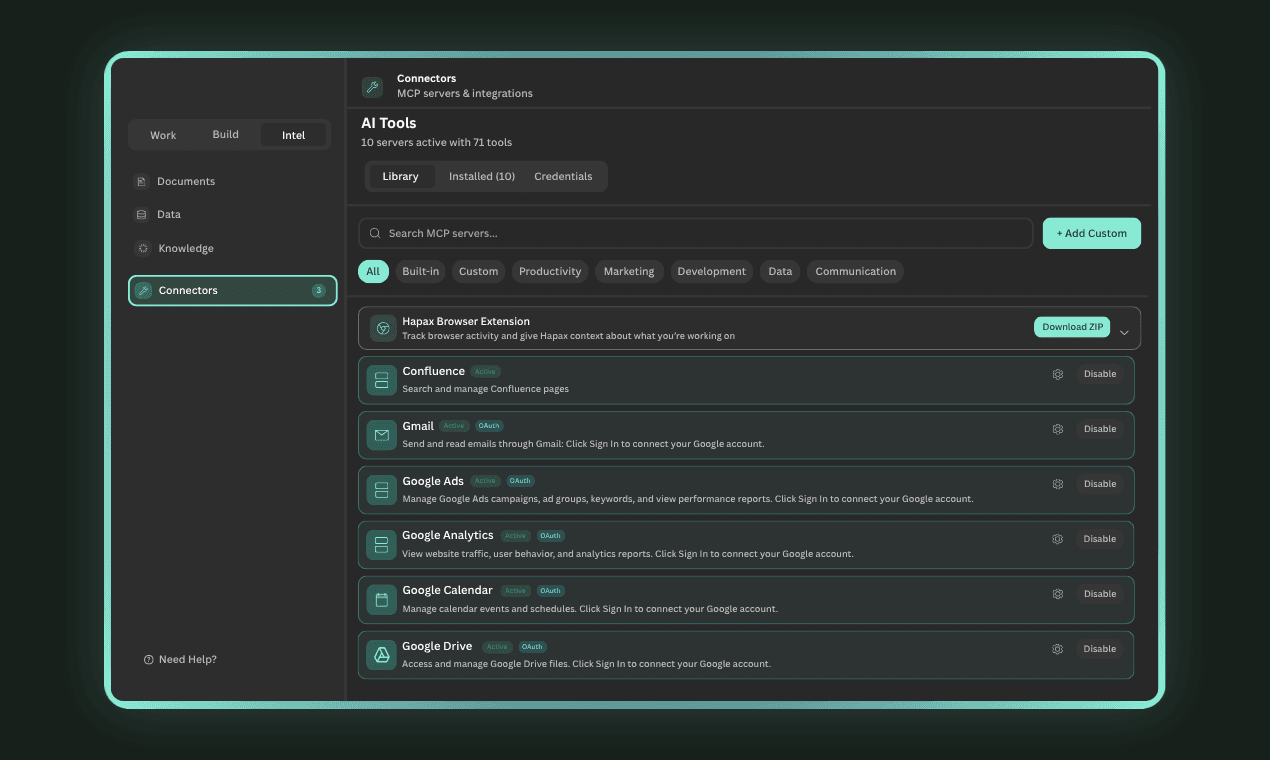 Integration hub showing connected tools and data flow